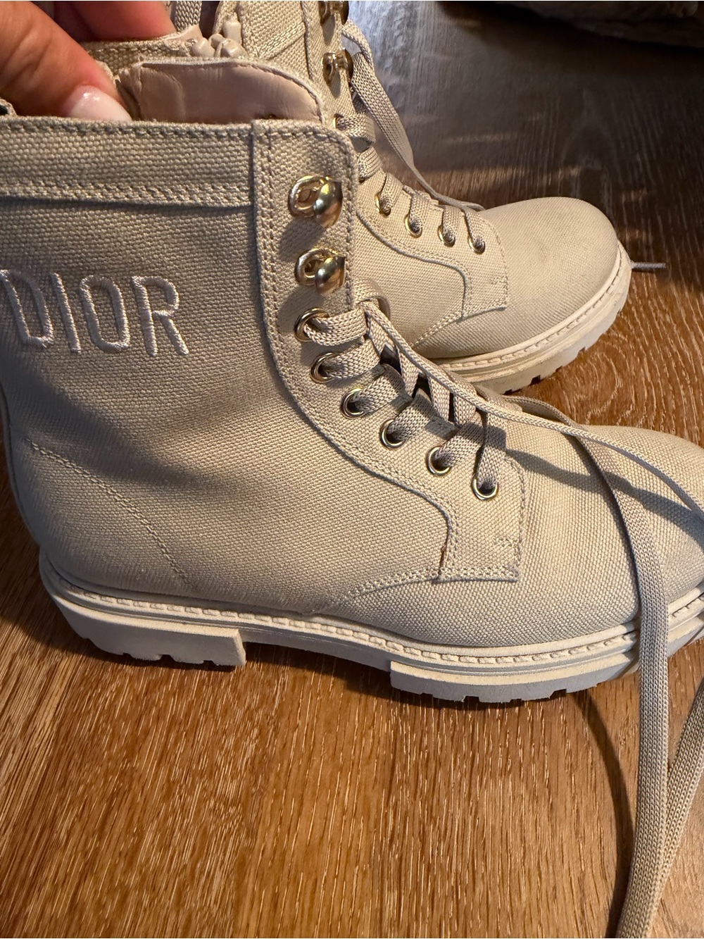 Dior Cream Canvas Lace-Up Kids Combat Boots